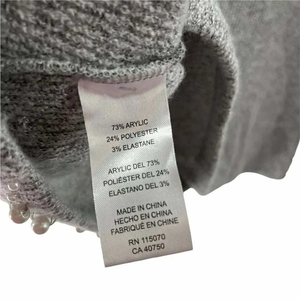 Cowl Neck Sweater Womens Size XL Gray Embellished Pearl Nina Leonard Brand Cute